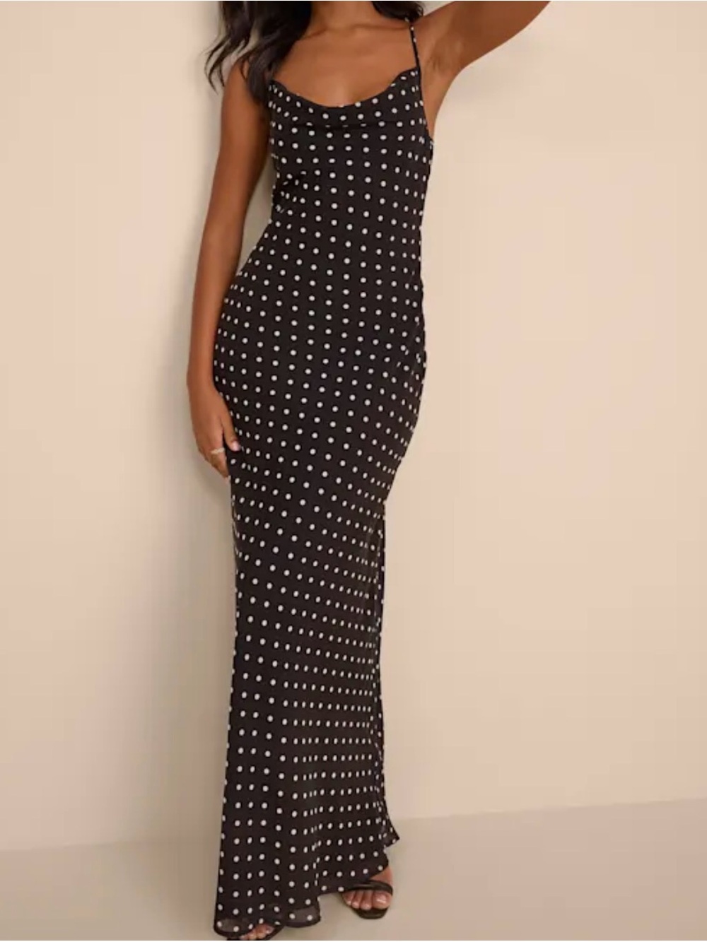 Lulu's Black Maxi Slip Dress with White Polka Dots